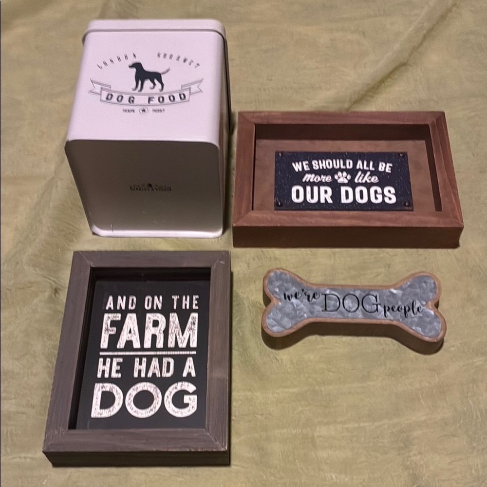 Dog-Themed Decorative Set with White Tin and Wooden Signs